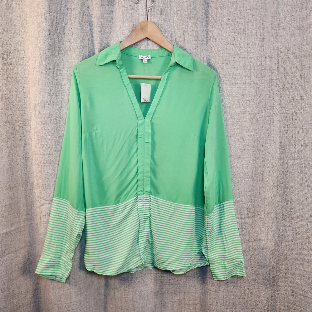 Splendid V-Neck Pullover Blouse Women's S Green Stripes Lightweight Sheer